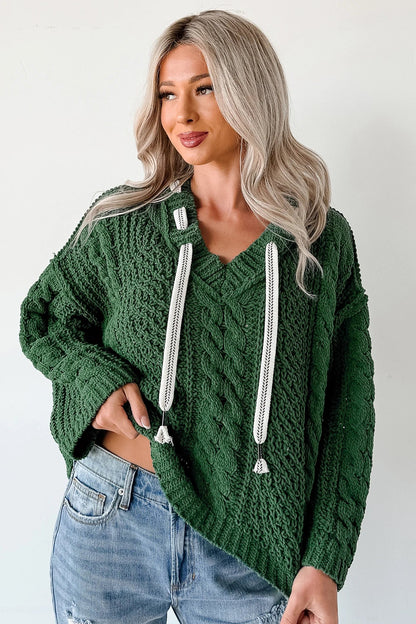 NanaMacs Total Ease Zenana Cable Knit Sweater Hoodie (Dark Green)