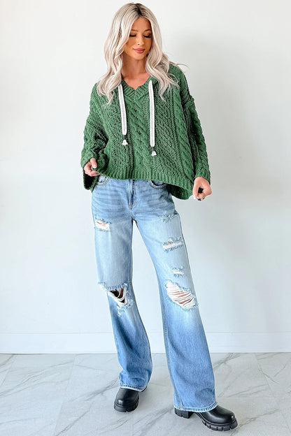 NanaMacs Total Ease Zenana Cable Knit Sweater Hoodie (Dark Green)