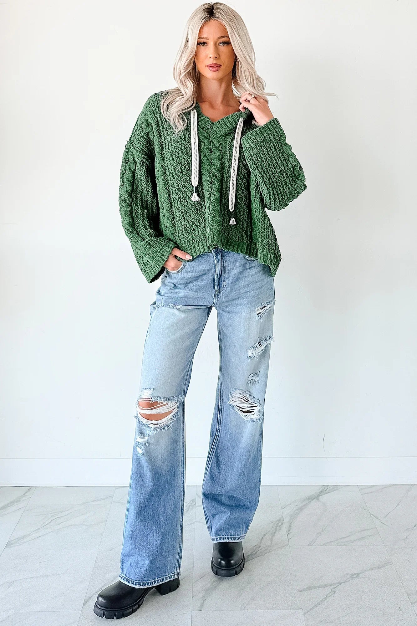 NanaMacs Total Ease Zenana Cable Knit Sweater Hoodie (Dark Green)