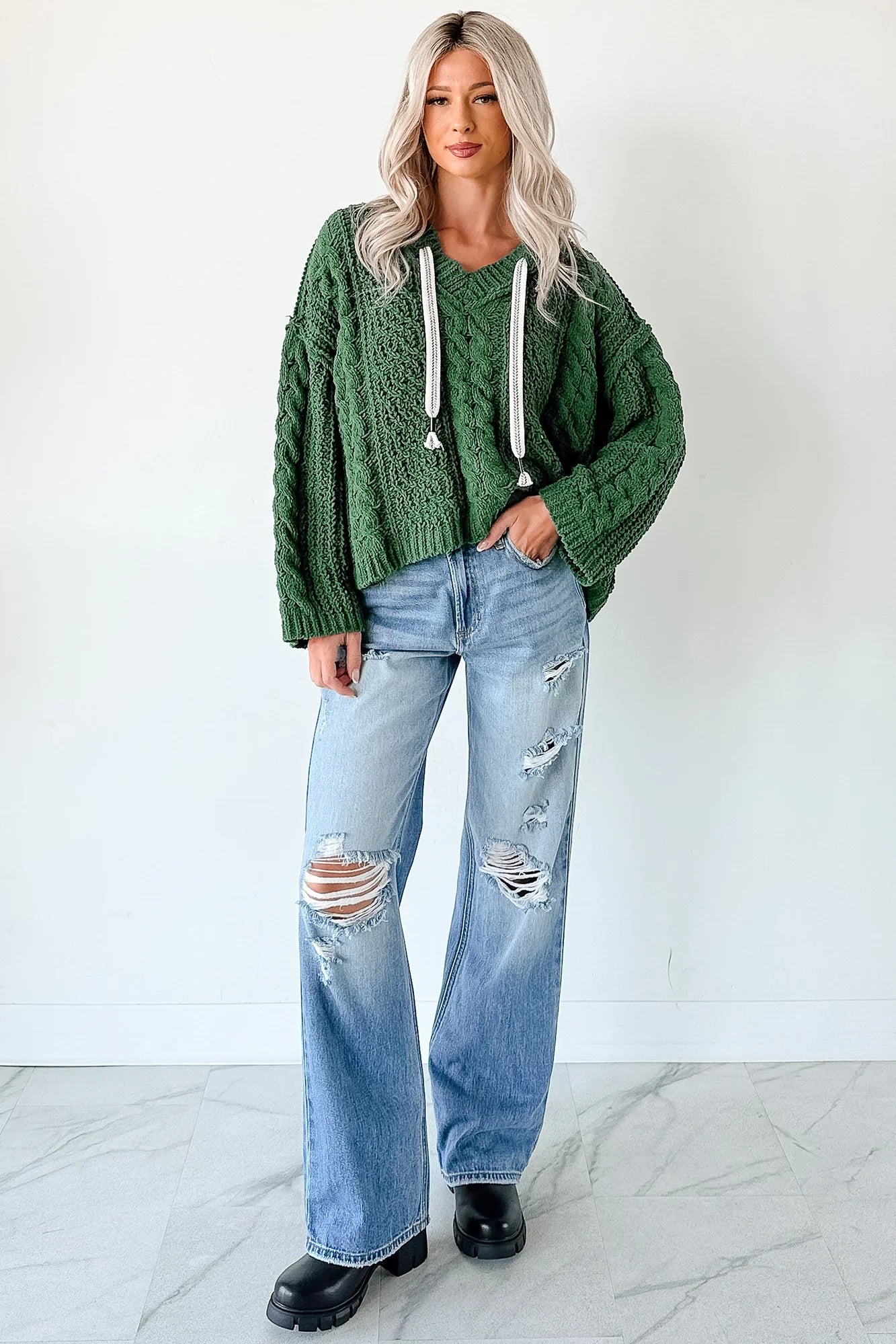 NanaMacs Total Ease Zenana Cable Knit Sweater Hoodie (Dark Green)