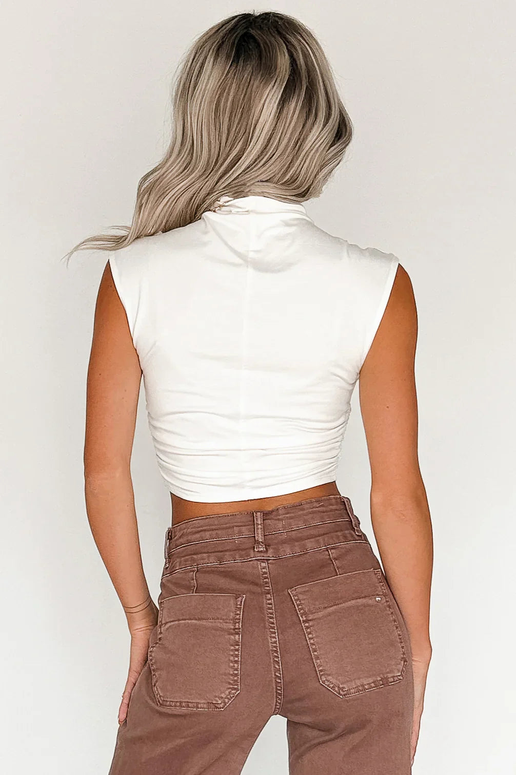 NanaMacs One More Kiss Cap Sleeve Mock Neck Crop Top (White)