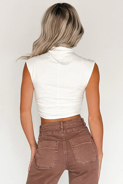 NanaMacs One More Kiss Cap Sleeve Mock Neck Crop Top (White)