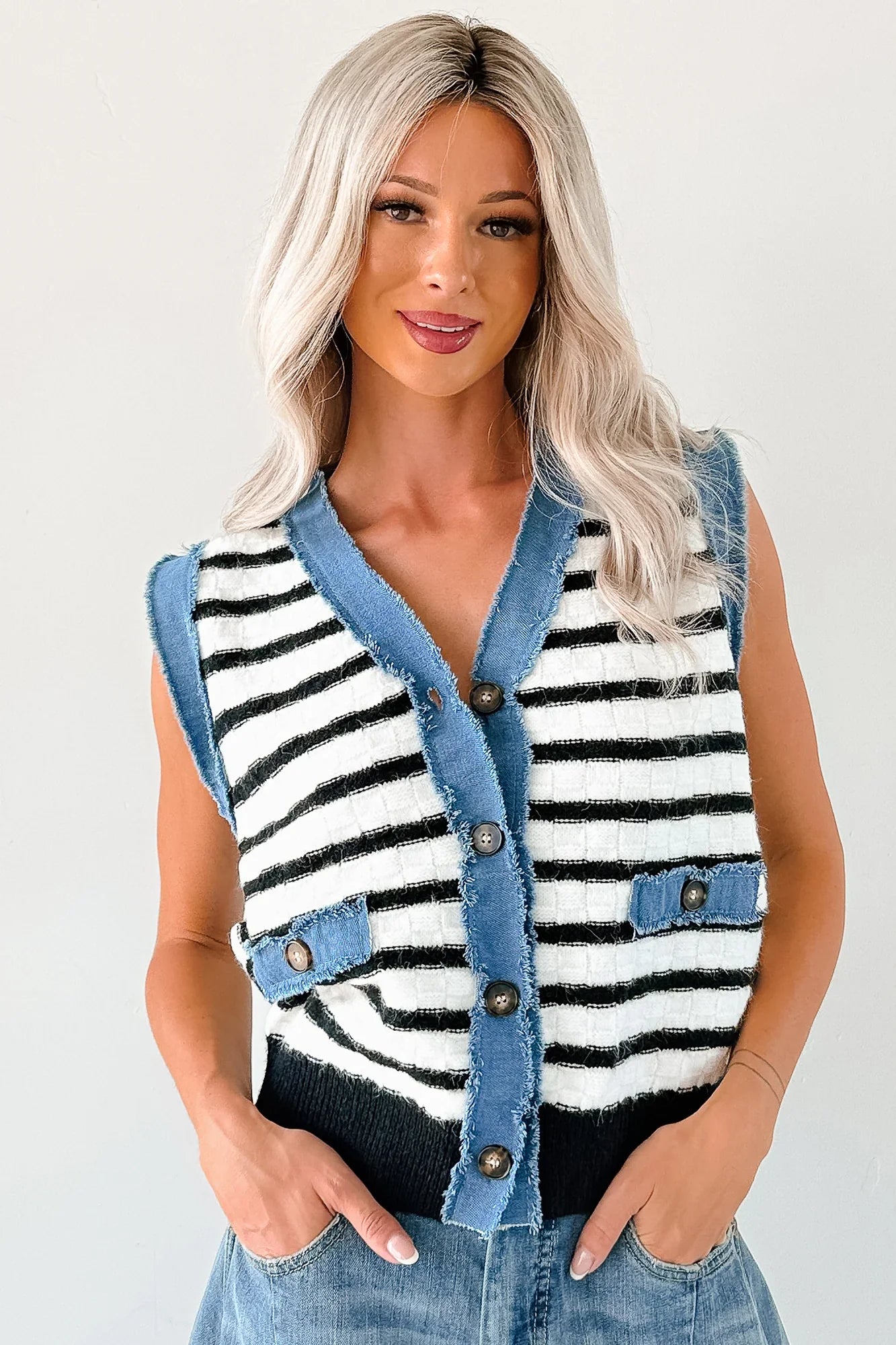 NanaMacs Born For Bold Striped Denim Trim Vest Top (Black/White)