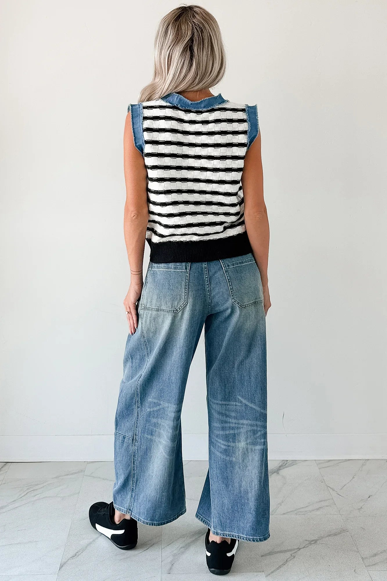 NanaMacs Born For Bold Striped Denim Trim Vest Top (Black/White)