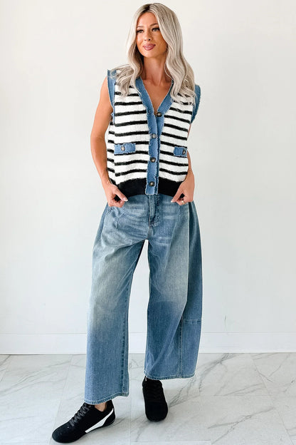 NanaMacs Born For Bold Striped Denim Trim Vest Top (Black/White)