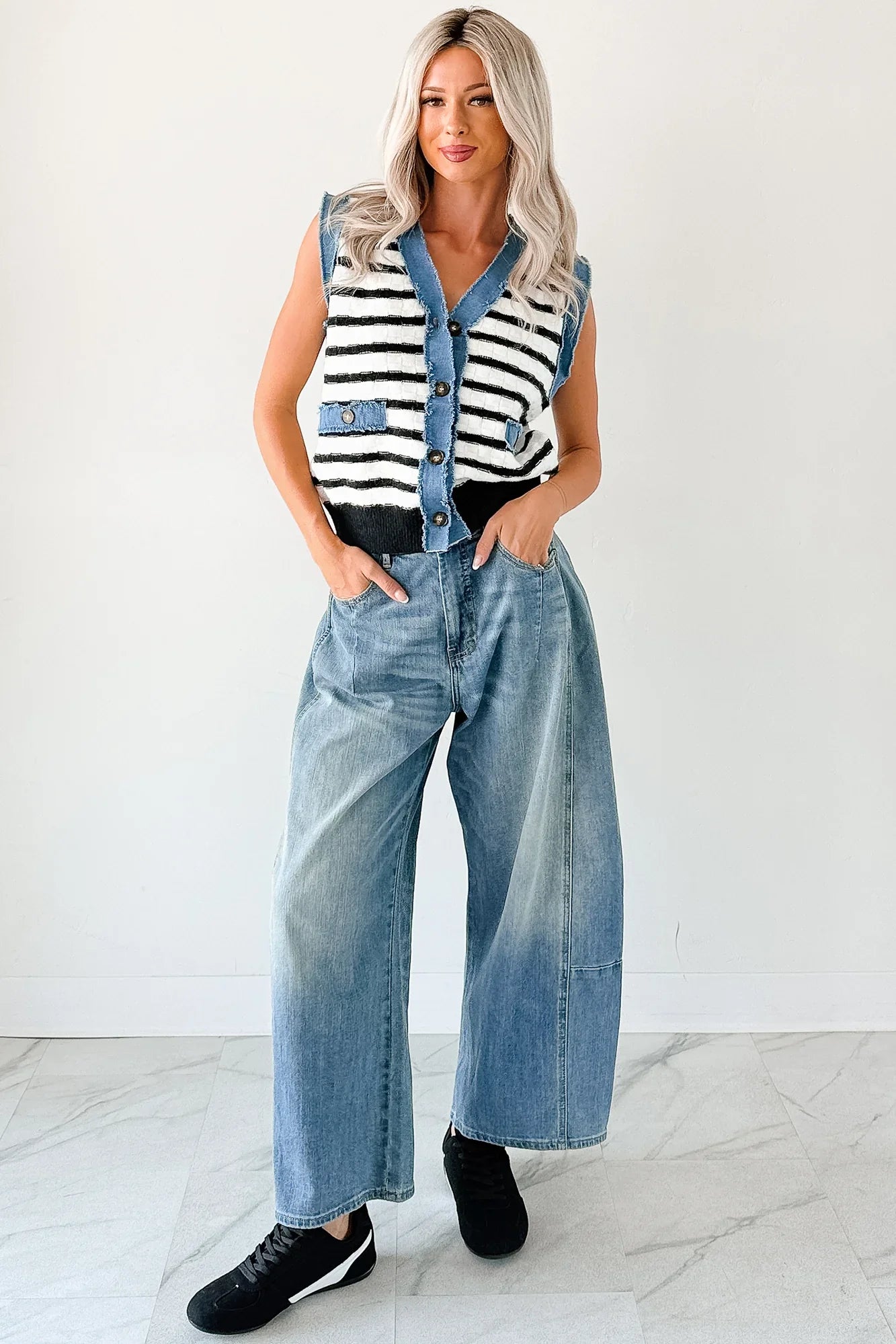 NanaMacs Born For Bold Striped Denim Trim Vest Top (Black/White)