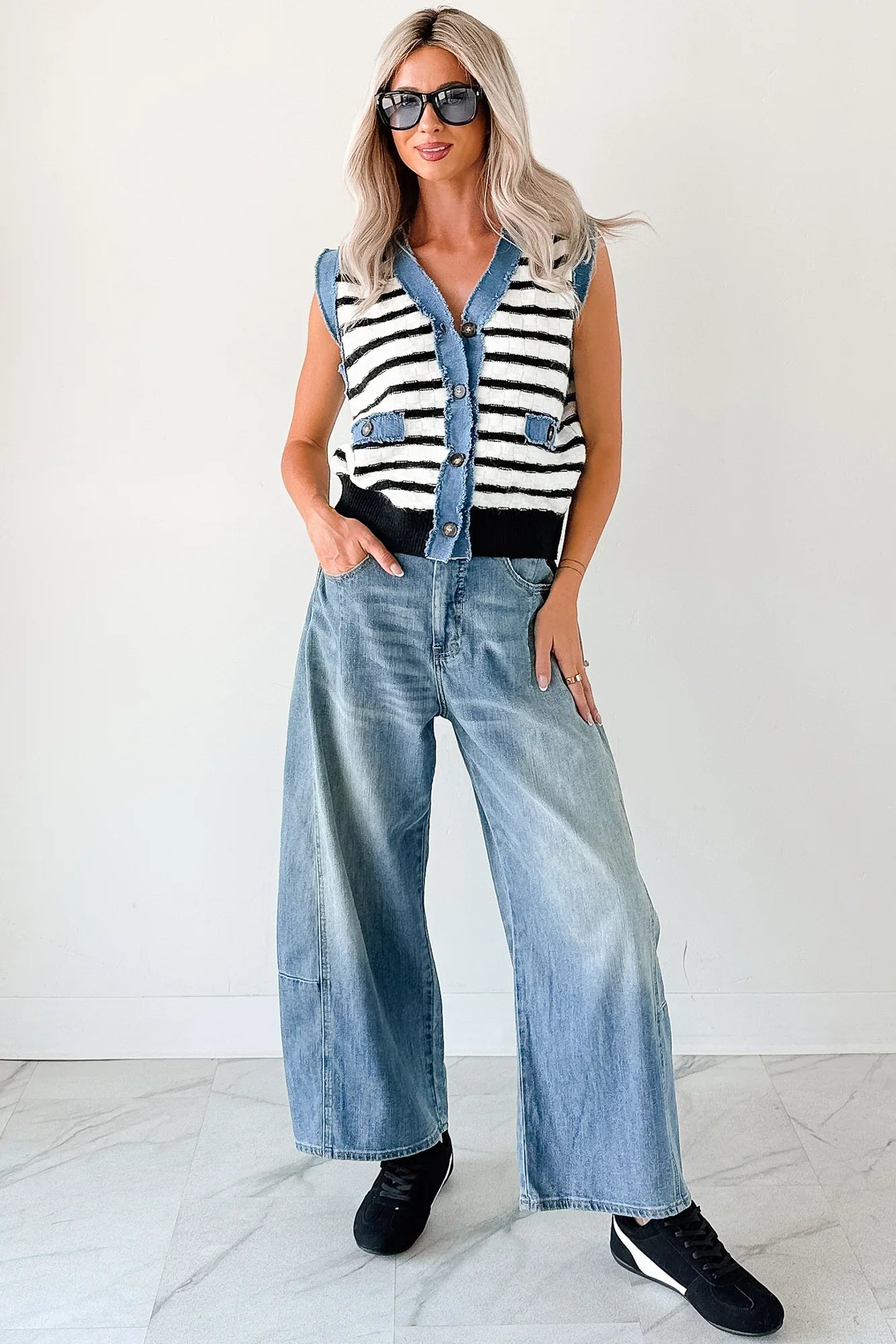 NanaMacs Born For Bold Striped Denim Trim Vest Top (Black/White)