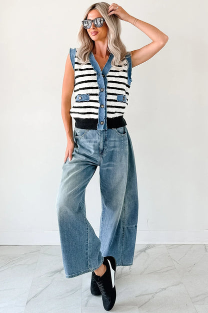 NanaMacs Born For Bold Striped Denim Trim Vest Top (Black/White)