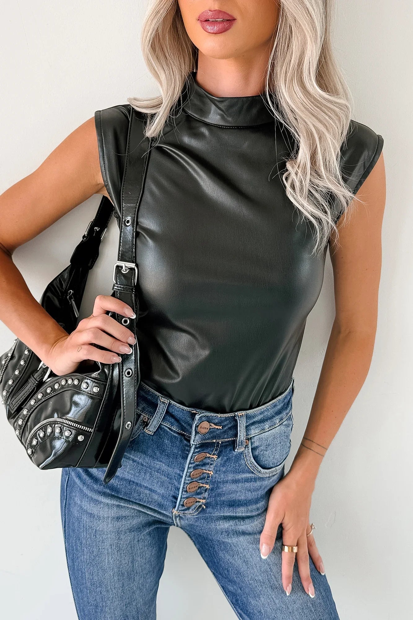 NanaMacs Lucid Dreaming Faux Leather Mock Neck Bodysuit (Black)