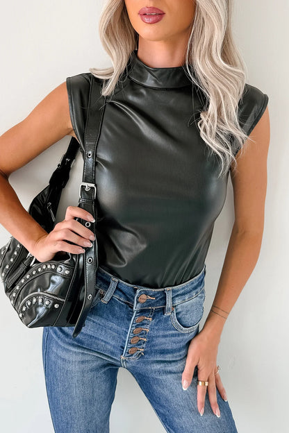 NanaMacs Lucid Dreaming Faux Leather Mock Neck Bodysuit (Black)