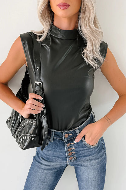 NanaMacs Lucid Dreaming Faux Leather Mock Neck Bodysuit (Black)