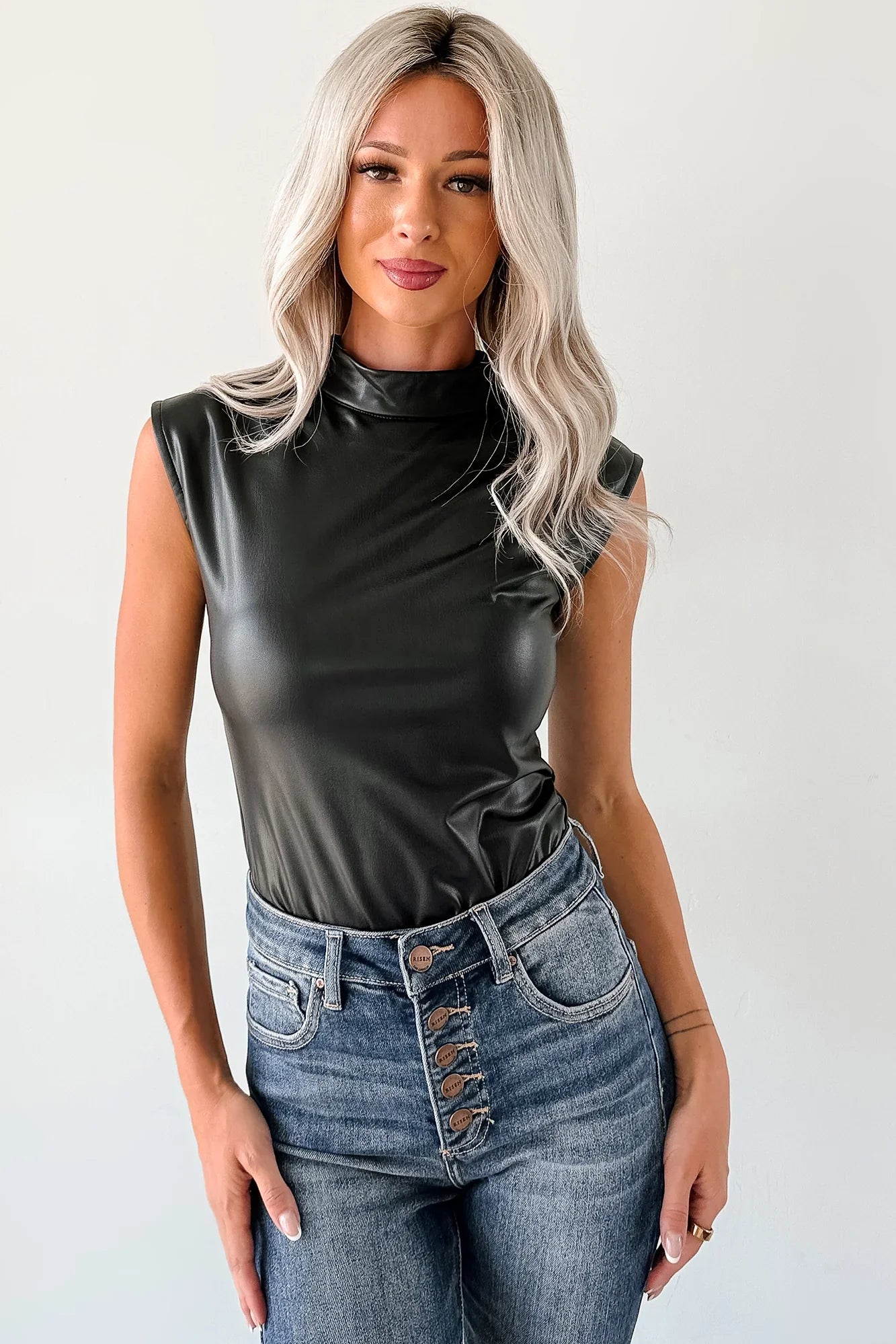 NanaMacs Lucid Dreaming Faux Leather Mock Neck Bodysuit (Black)
