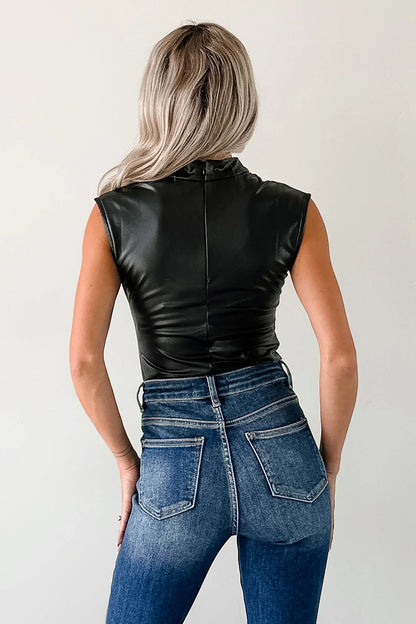 NanaMacs Lucid Dreaming Faux Leather Mock Neck Bodysuit (Black)