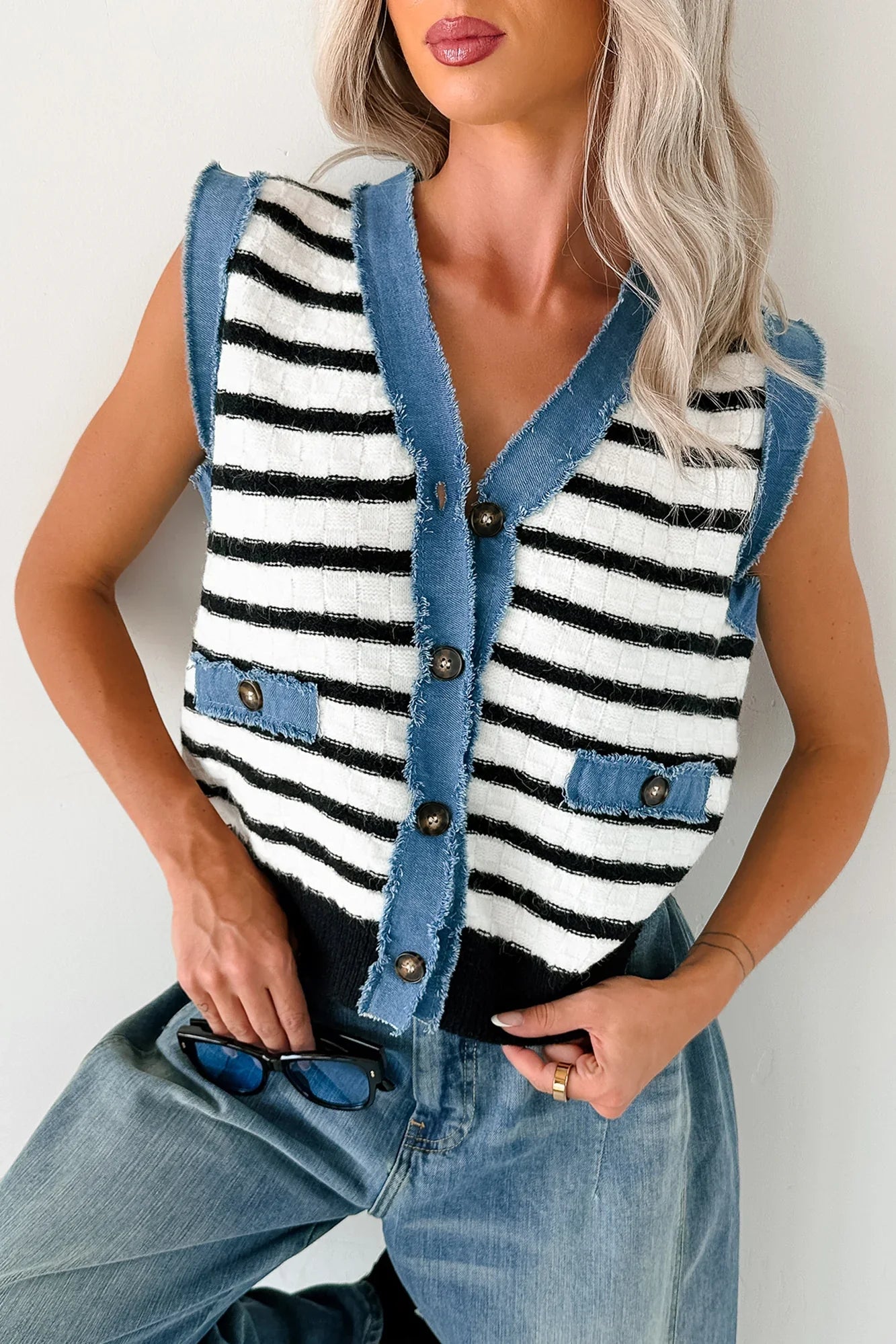 NanaMacs Born For Bold Striped Denim Trim Vest Top (Black/White)