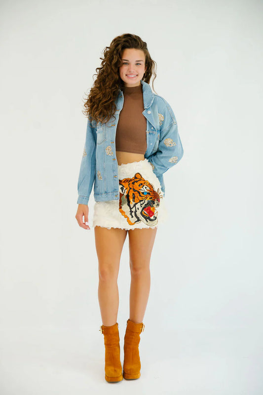 Judith March SEQUIN TIGER CREAM FLORAL SKIRT