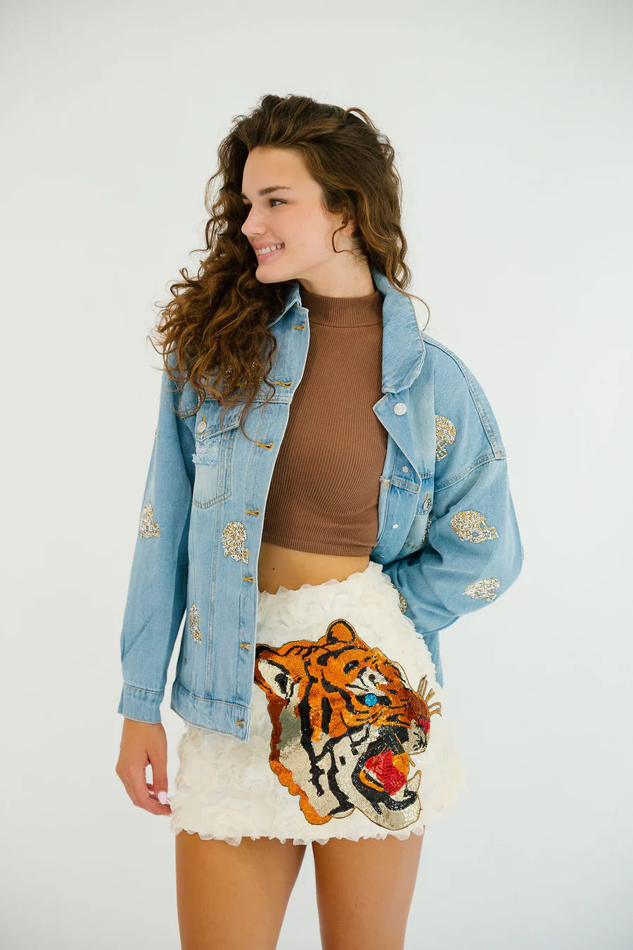 Judith March SEQUIN TIGER CREAM FLORAL SKIRT