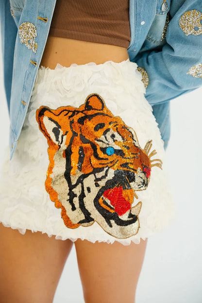 Judith March SEQUIN TIGER CREAM FLORAL SKIRT