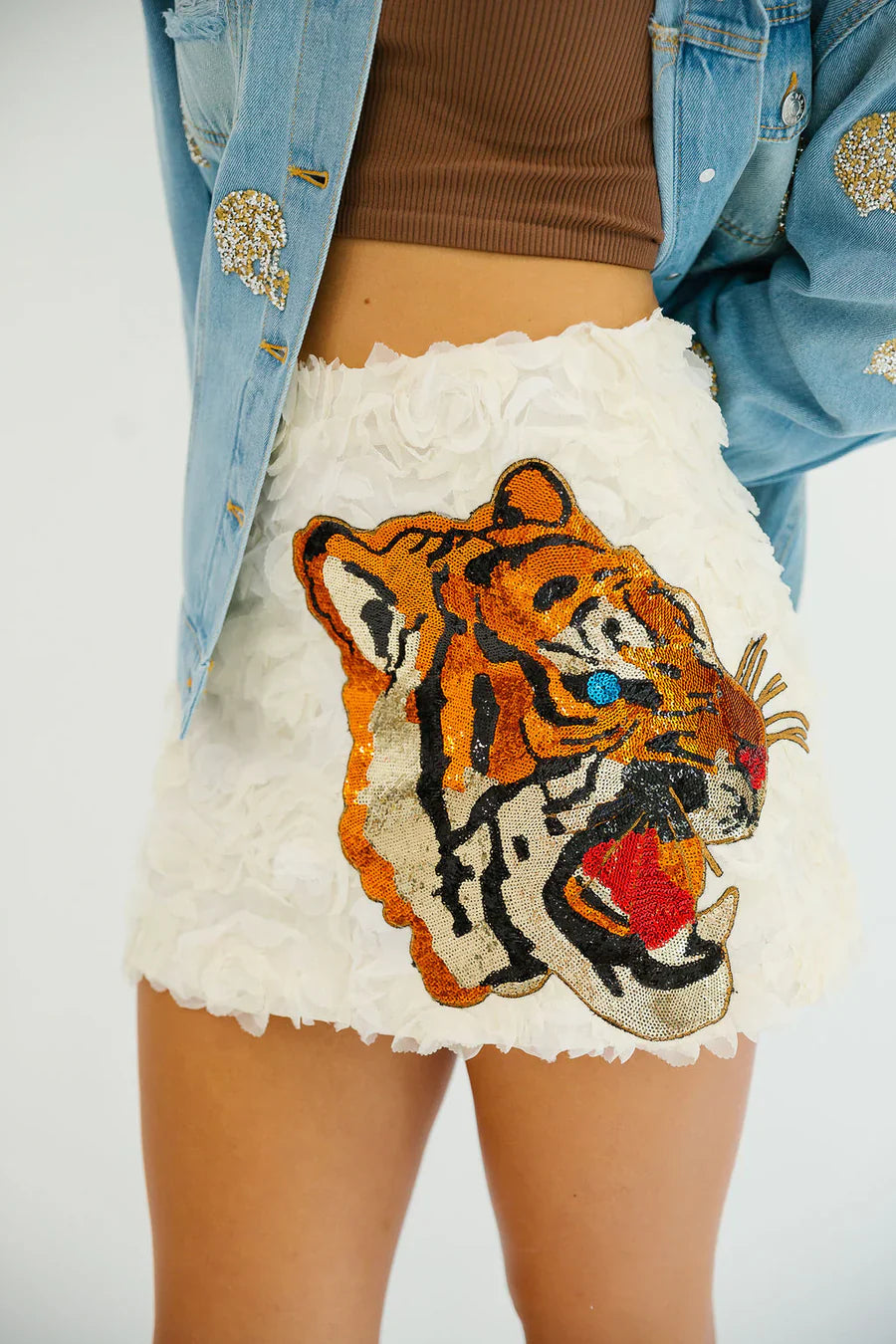 Judith March SEQUIN TIGER CREAM FLORAL SKIRT