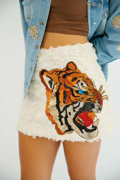 Judith March SEQUIN TIGER CREAM FLORAL SKIRT
