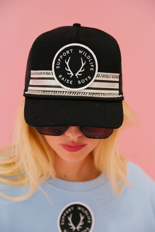 Judith March SUPPORT WILDLIFE RAISE BOYS BLACK TRUCKER HAT