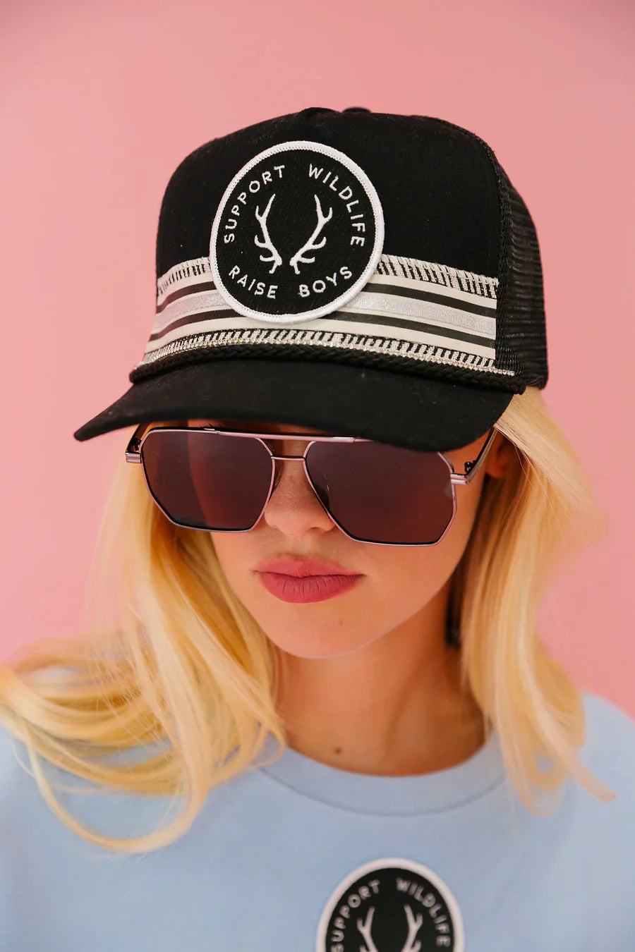 Judith March SUPPORT WILDLIFE RAISE BOYS BLACK TRUCKER HAT