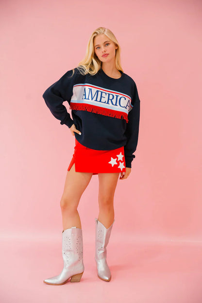 Judith March AMERICA FRINGE NAVY PULLOVER