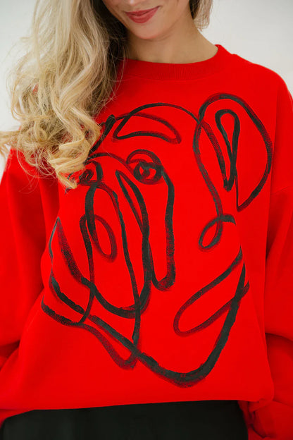 Judith March BULLDOG HAND PAINTED RED PULLOVER