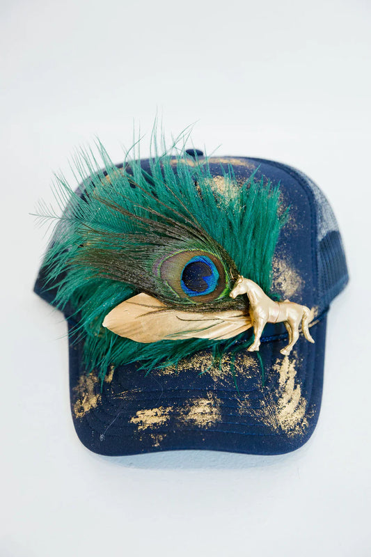 Judith March GOLD HORSE VINTAGE FEATHER TRUCKER HAT