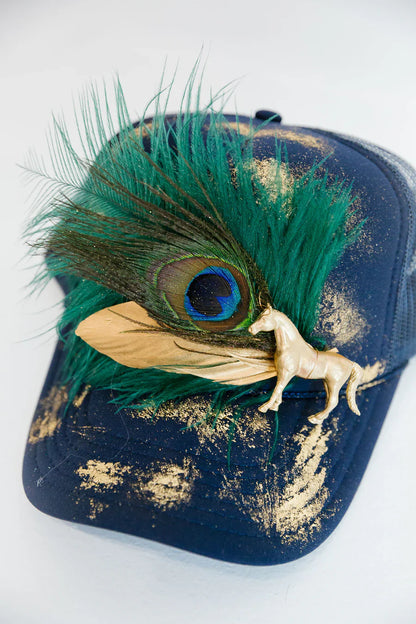 Judith March GOLD HORSE VINTAGE FEATHER TRUCKER HAT