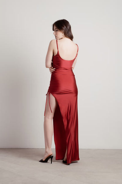 Tobi What A Night Ruched High Slit Maxi Dress