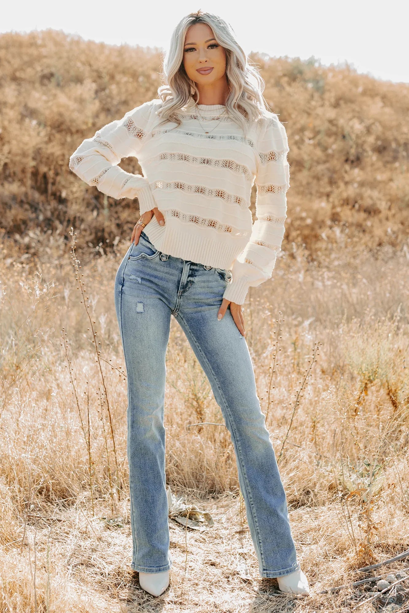 NanaMacs Quiet Mornings Open Knit Detailed Sweater (Cream)