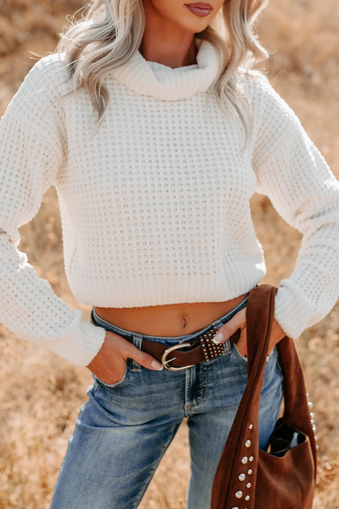 NanaMacs Snug Session Turtleneck Chenille Crop Sweater (Ivory)