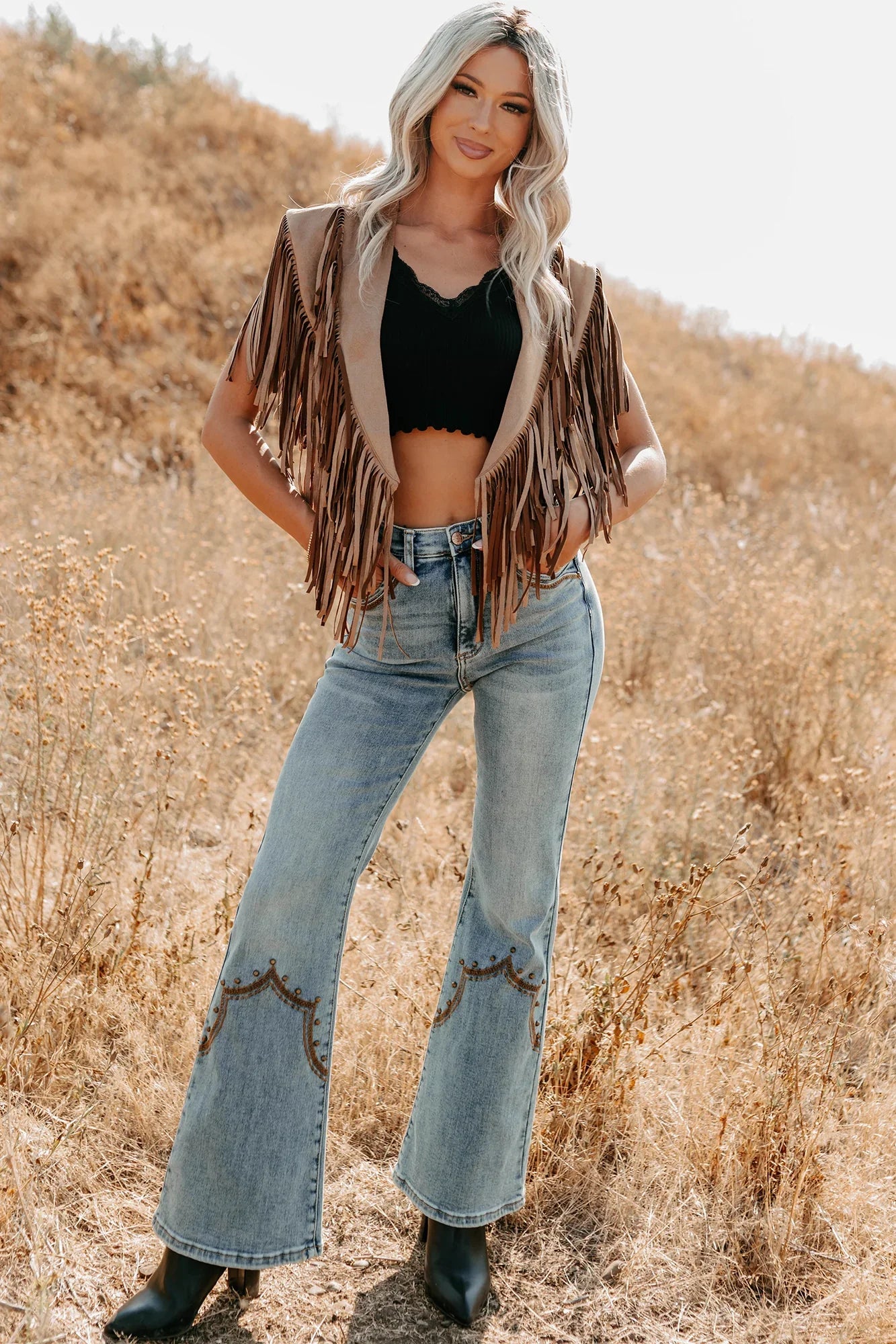 NanaMacs Midnight Range Faux Suede Collared Fringe Shawl (Tan)