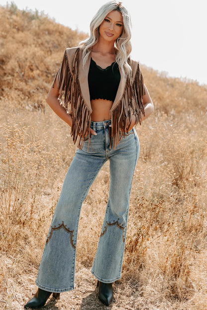 NanaMacs Midnight Range Faux Suede Collared Fringe Shawl (Tan)