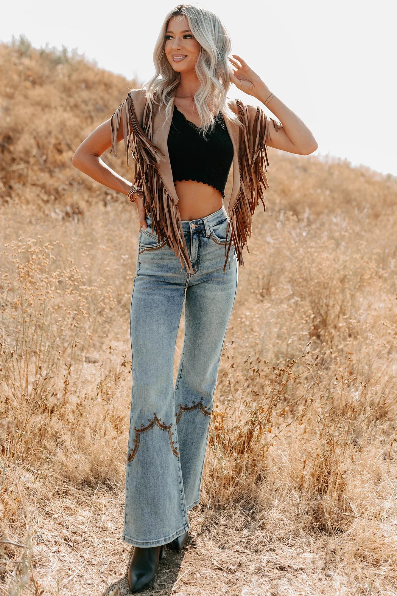 NanaMacs Midnight Range Faux Suede Collared Fringe Shawl (Tan)