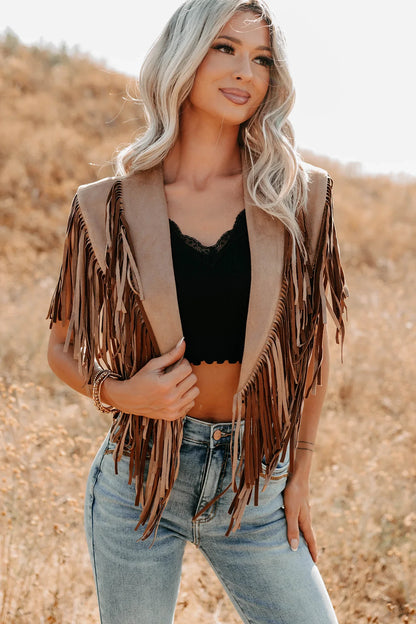 NanaMacs Midnight Range Faux Suede Collared Fringe Shawl (Tan)