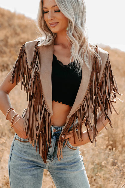NanaMacs Midnight Range Faux Suede Collared Fringe Shawl (Tan)