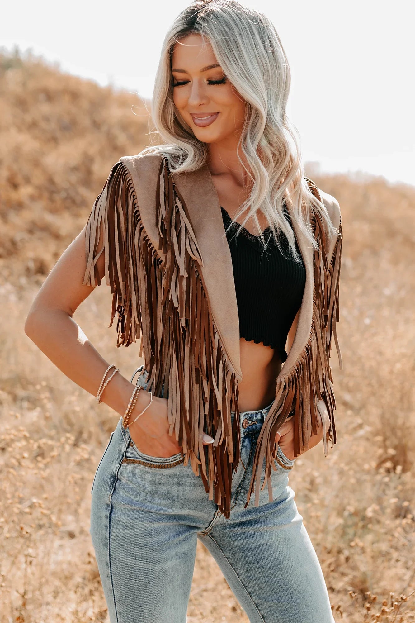 NanaMacs Midnight Range Faux Suede Collared Fringe Shawl (Tan)