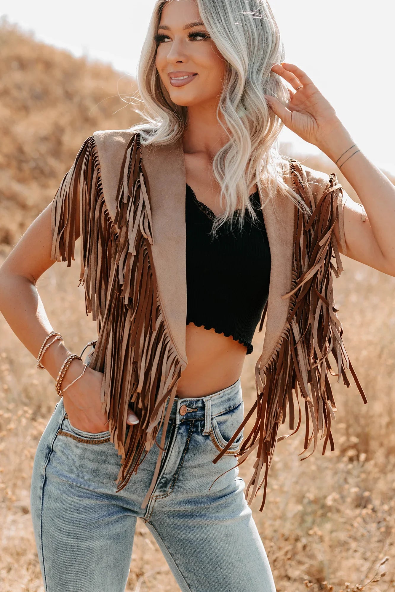 NanaMacs Midnight Range Faux Suede Collared Fringe Shawl (Tan)