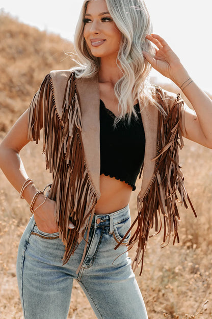 NanaMacs Midnight Range Faux Suede Collared Fringe Shawl (Tan)