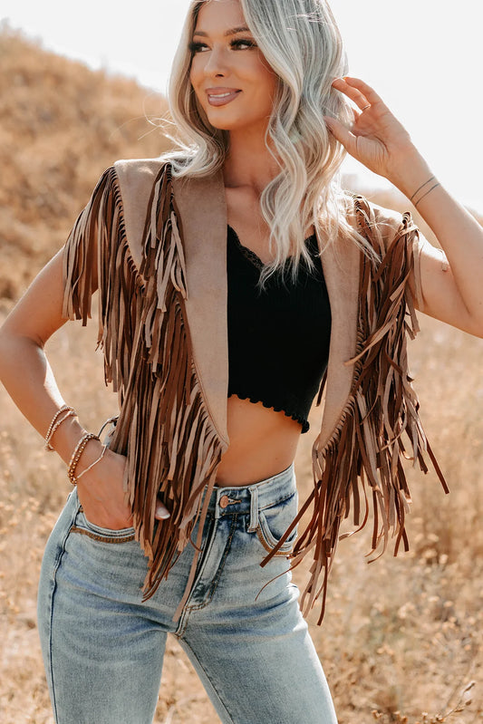 NanaMacs Midnight Range Faux Suede Collared Fringe Shawl (Tan)