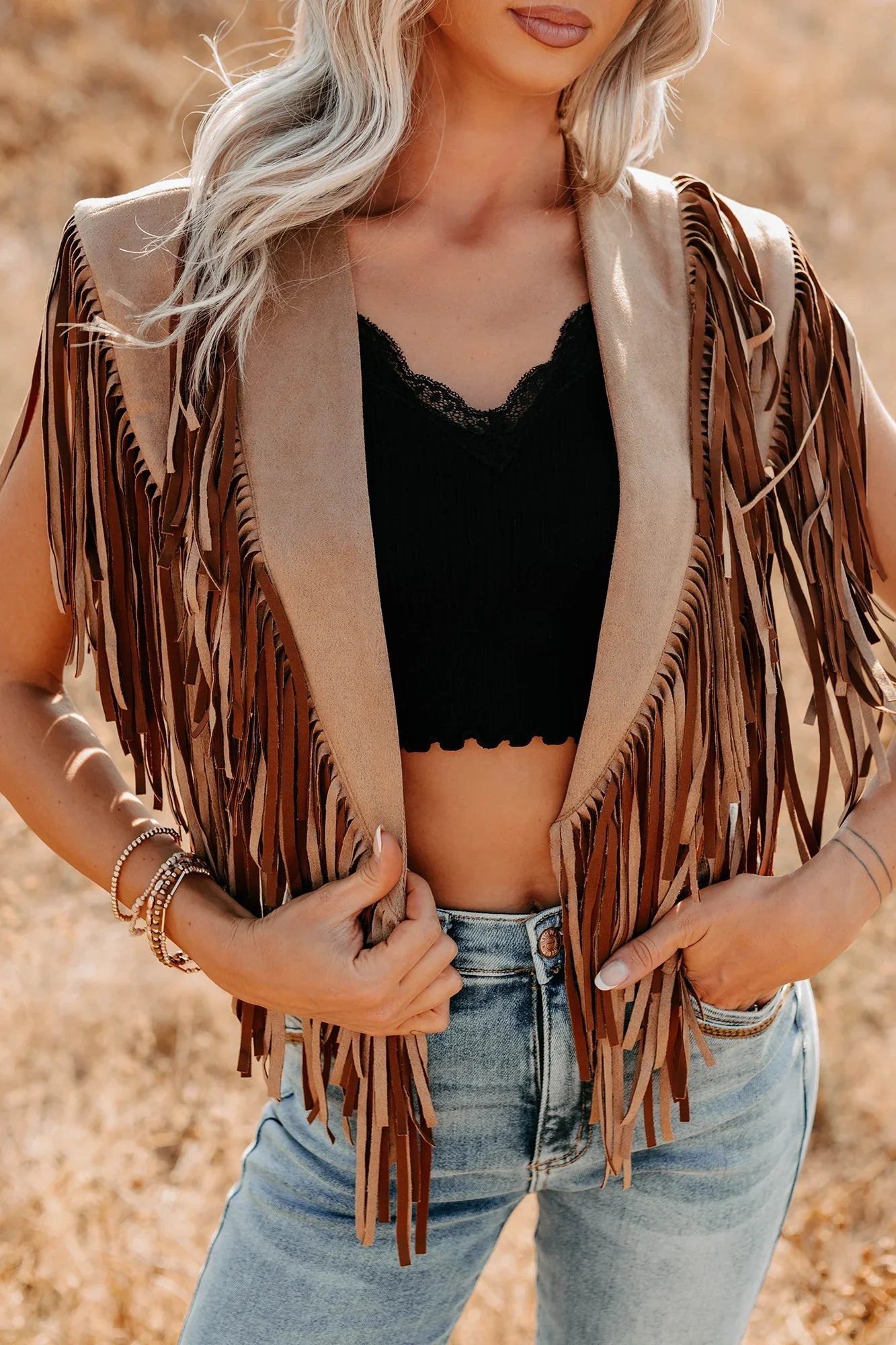 NanaMacs Midnight Range Faux Suede Collared Fringe Shawl (Tan)
