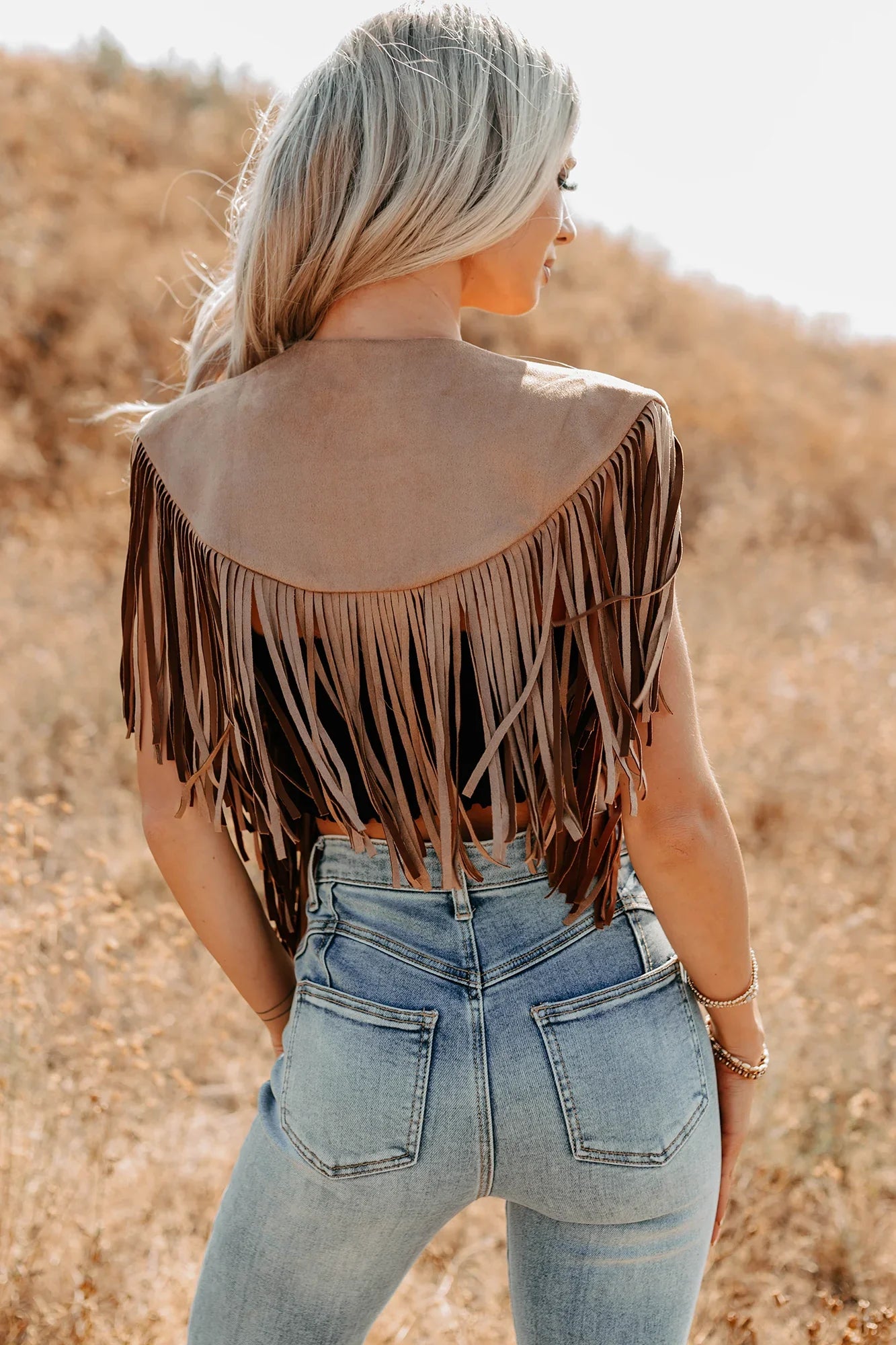 NanaMacs Midnight Range Faux Suede Collared Fringe Shawl (Tan)
