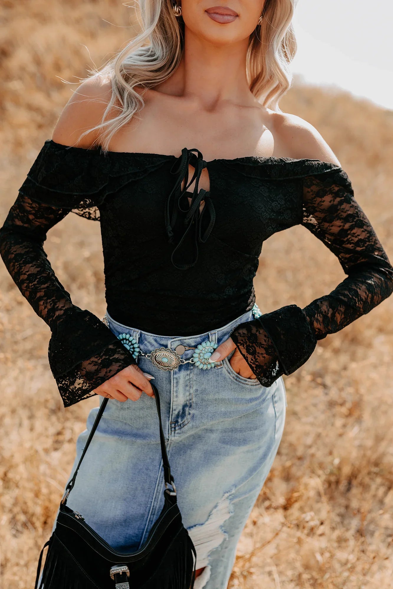 NanaMacs Throne Ready Off The Shoulder Lace Bodysuit (Black)