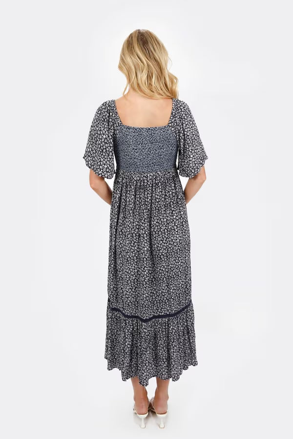 Tobi Maeve Smocked Buttoned Midi Dress