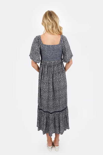 Tobi Maeve Smocked Buttoned Midi Dress