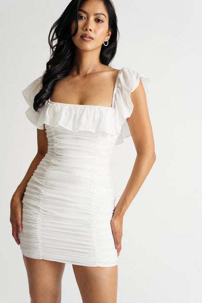 Tobi Althea Off White Ruffled Ruched Bodycon Mini Dress