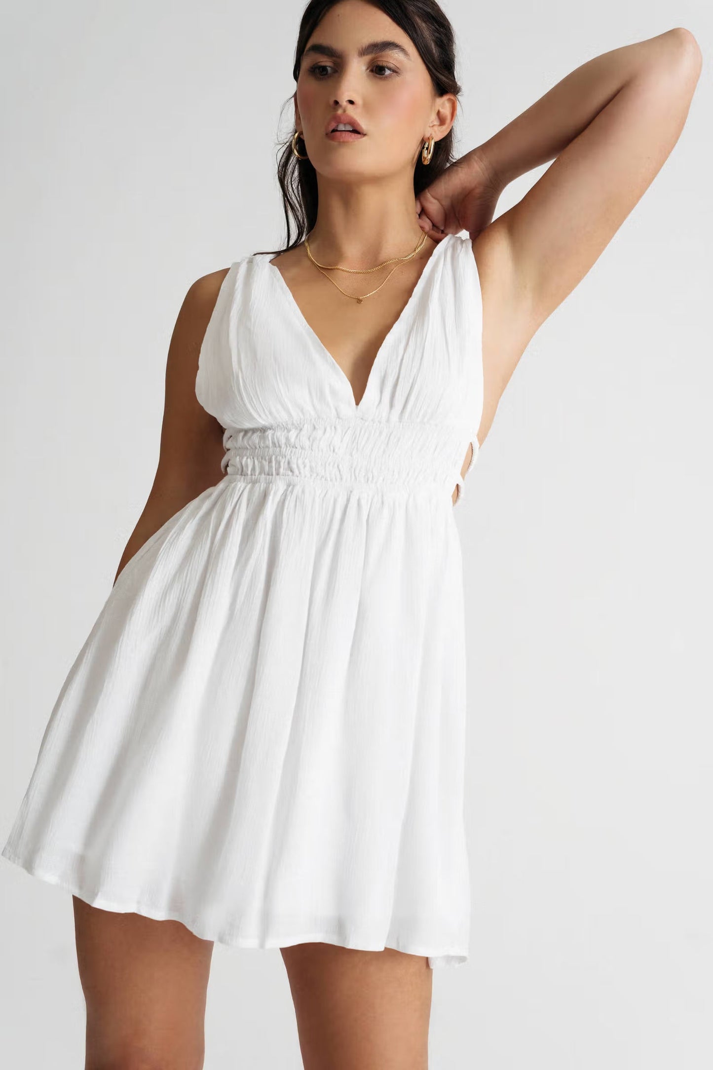 Tobi Braelyn Off White Ruched Side Cutout Skater Mini Dress x2