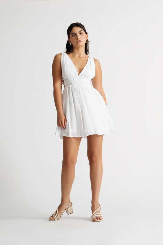 Tobi Braelyn Off White Ruched Side Cutout Skater Mini Dress x2