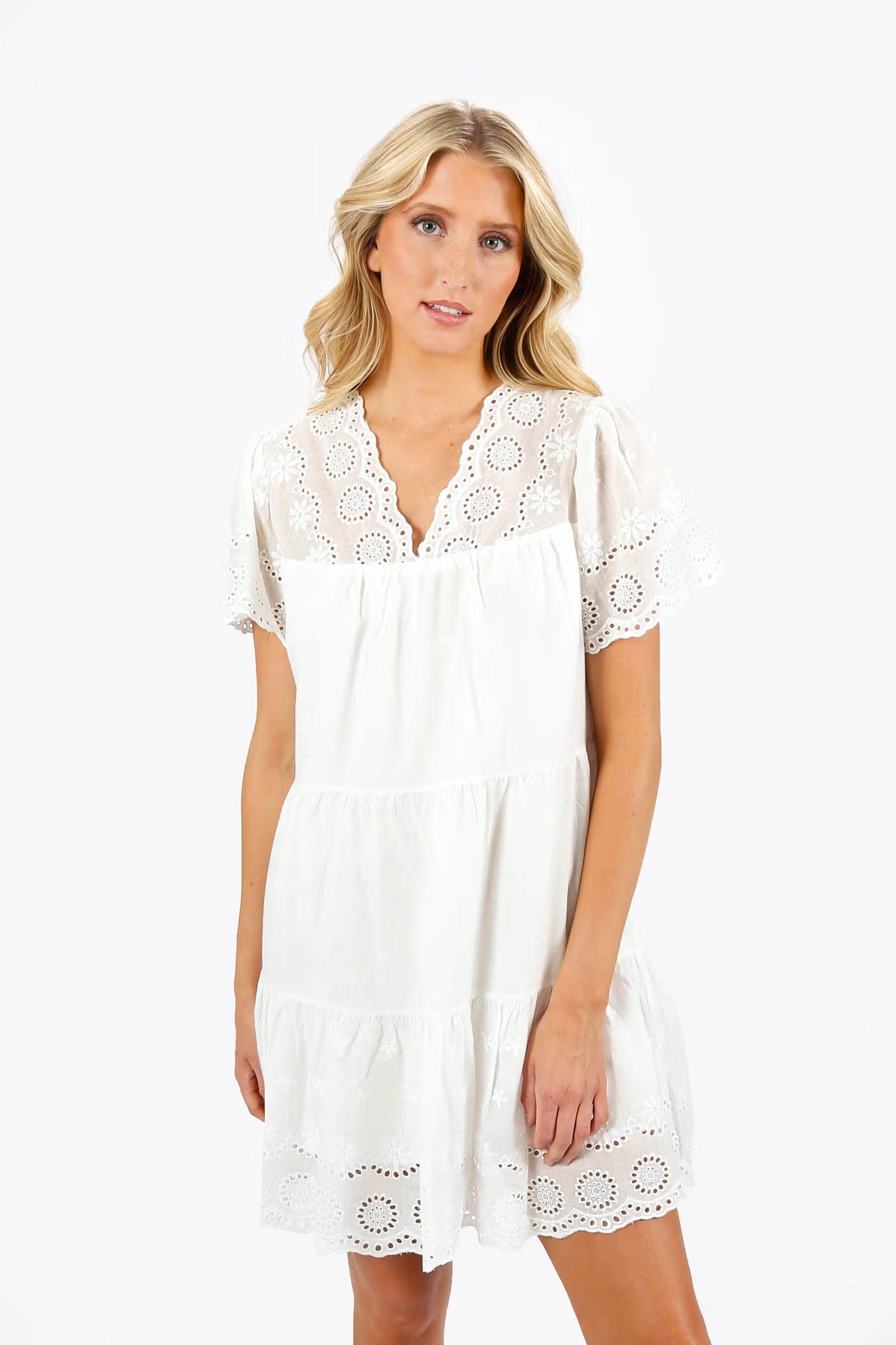 Tobi Meagan Eyelet Tiered Mini Dress